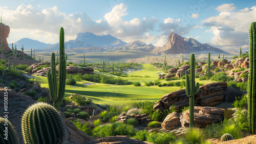 beautiful desert golf course with clear blue sky .