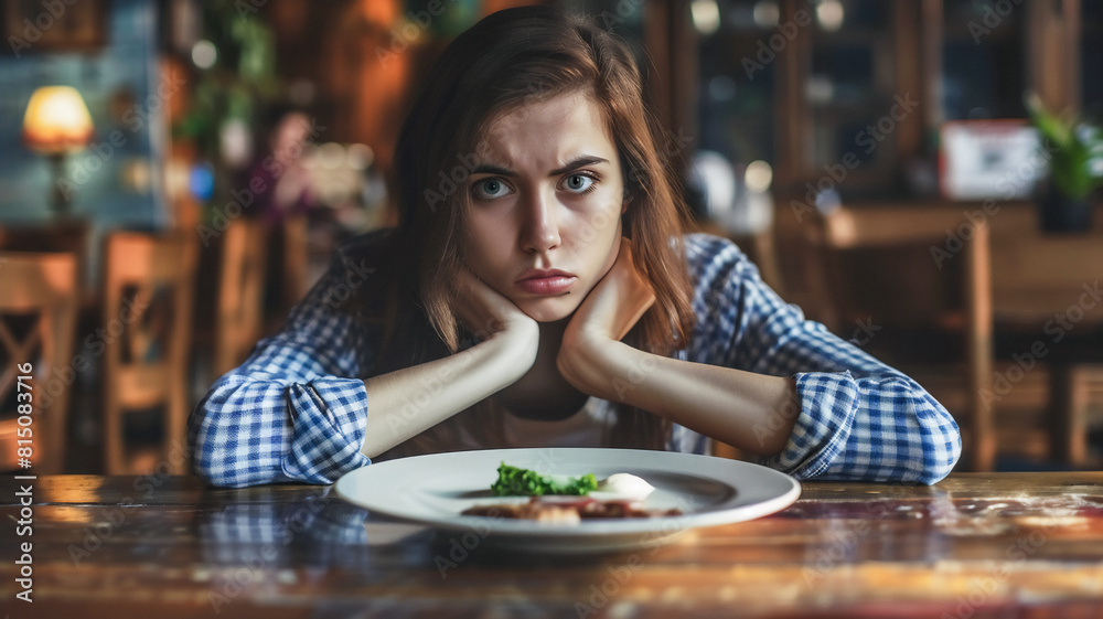 Depressed young woman with eating disorders , worried about her shape ,Nutrition problems . Depressed young woman with eating disorders , worried about her shape ,Nutrition problems .