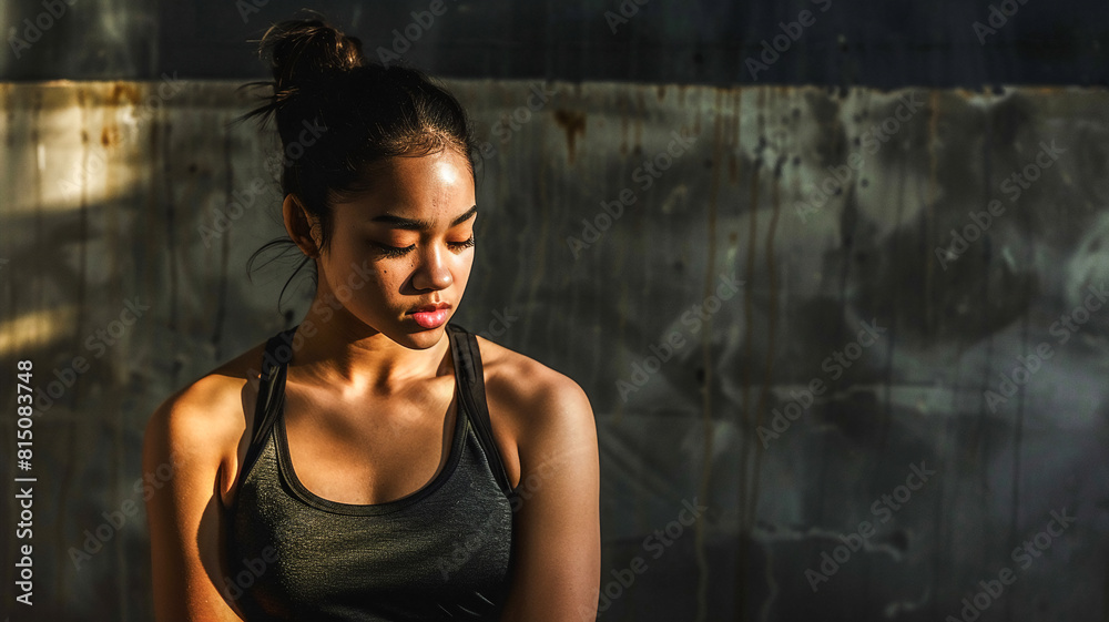 Fototapeta premium Depressed fit woman not satisfied about her shape .