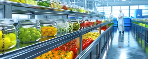 Canned vegetables on shelves in industrial food preservation facility. Food storage and preservation concept.