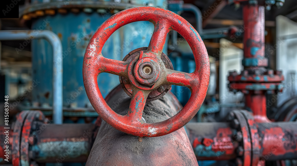 Weathered red valve wheel attached to a rusty industrial pipeline system, showcasing signs of wear and age. Weathered red valve wheel attached to a rusty industrial pipeline system, showcasing signs of wear and age.