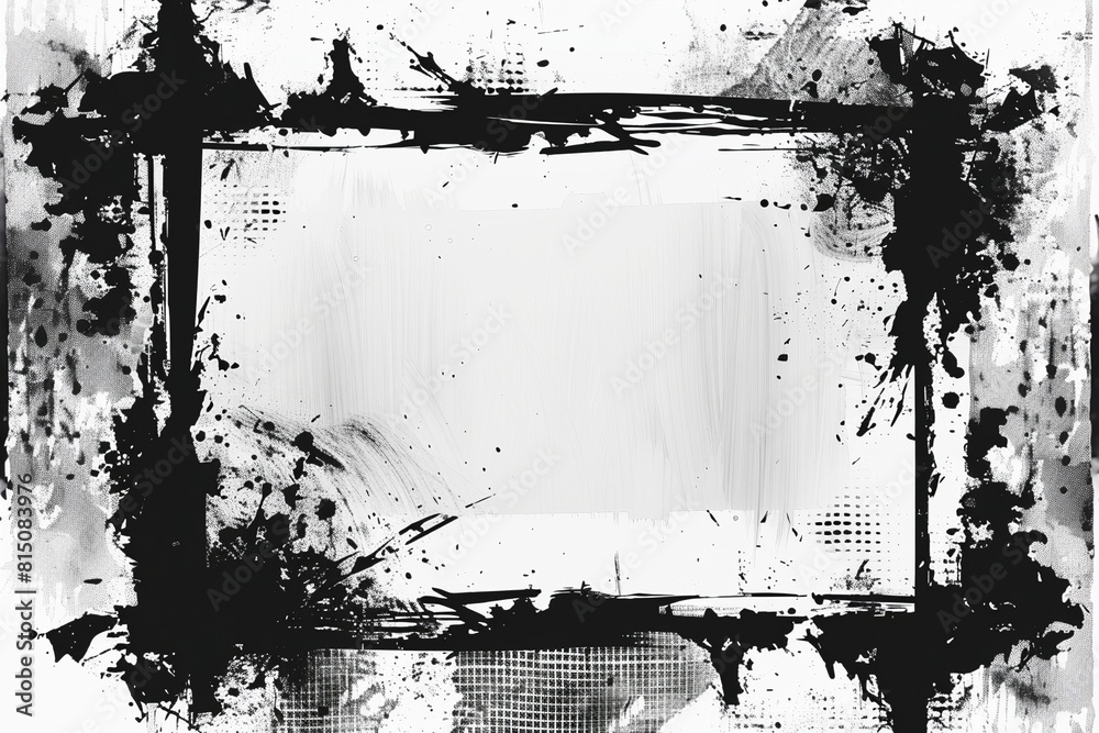 grungy black and white photo frame border with paint splashes, digital ...