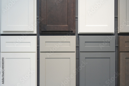Fényképezés wood cabinet door samples displayed on the wall