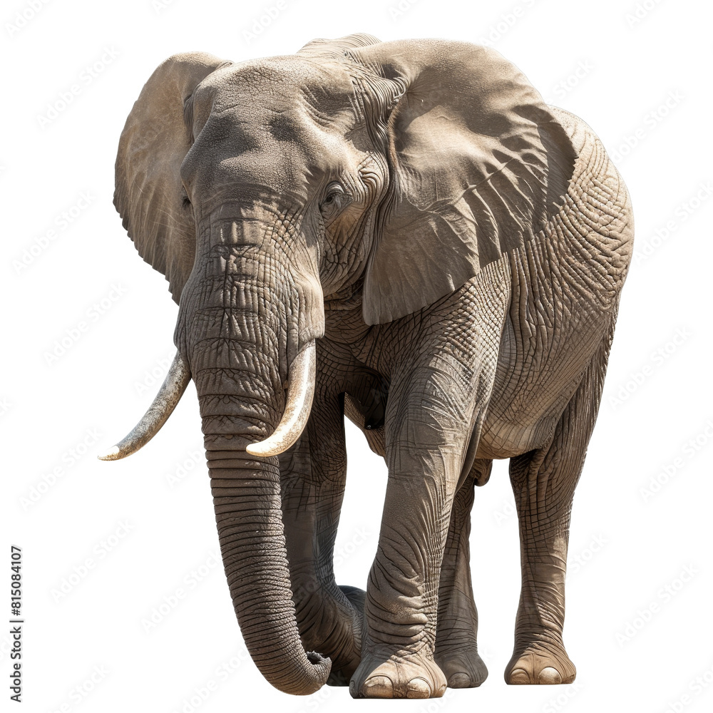 Fototapeta premium An African elephant is walking gracefully on a plain Png background, a african elephant isolated on transparent background