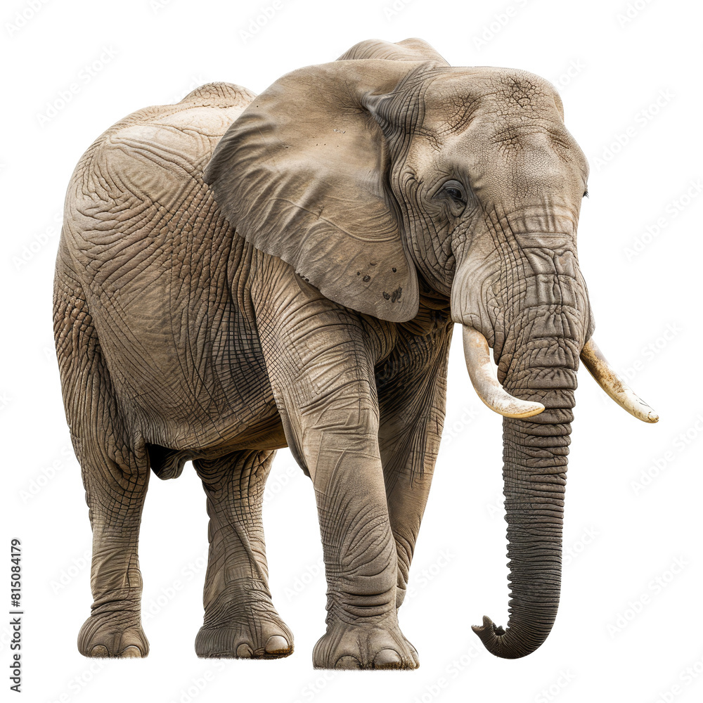 Fototapeta premium An African elephant stands on a plain Png background, a african elephant isolated on transparent background