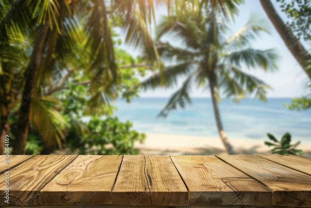 Empty wooden table top with blurred beach and palm trees background for product display montage, sunny day at the tropical resort Generative AI Empty wooden table top with blurred beach and palm trees background for product display montage, sunny day at the tropical resort Generative AI