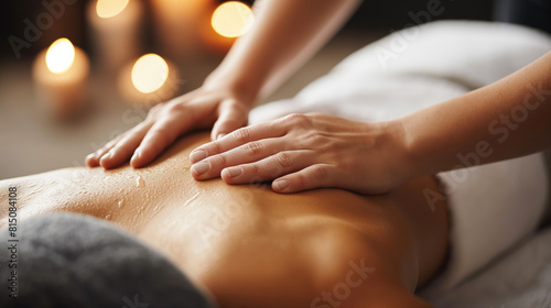 Hands performing a relaxing massage on a person s back in a tranquil setting with lit candles  evoking a sense of calm and rejuvenation.