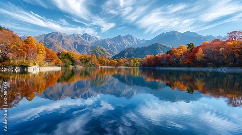 A serene lake reflecting the surrounding mountains and colorful autumn foliage  with a peaceful atmosphere that invites quiet contemplation.