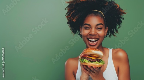 Joyful Woman Eating Hamburger