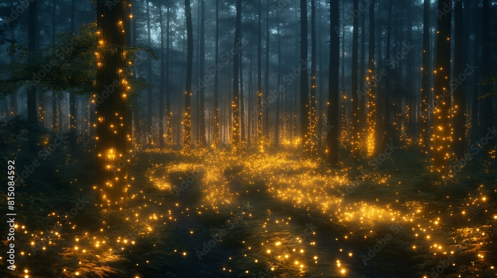 Naklejka premium A bioluminescent forest of genetically modified plants glowing softly under controlled lighting conditions