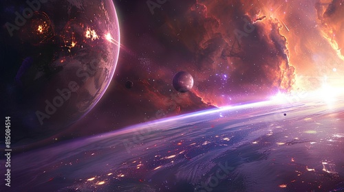 The image shows a beautiful space scene with a planet  moons and a nebula.