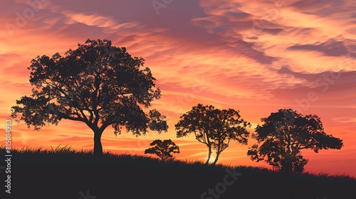 A serene sunset painting the sky with shades of orange and pink  silhouetting trees against the horizon.