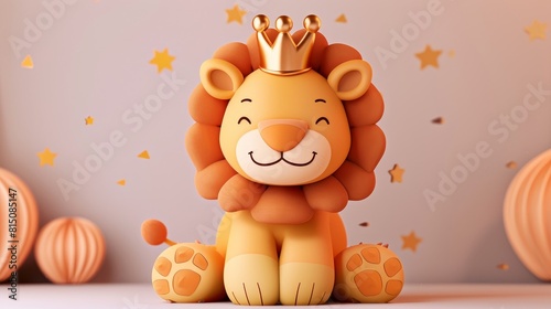 A lion is sitting on a rock with a crown on his head