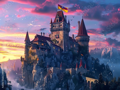 A whimsical depiction of a fairy tale castle in Romania with the Romanian flag in the twilight sky photo