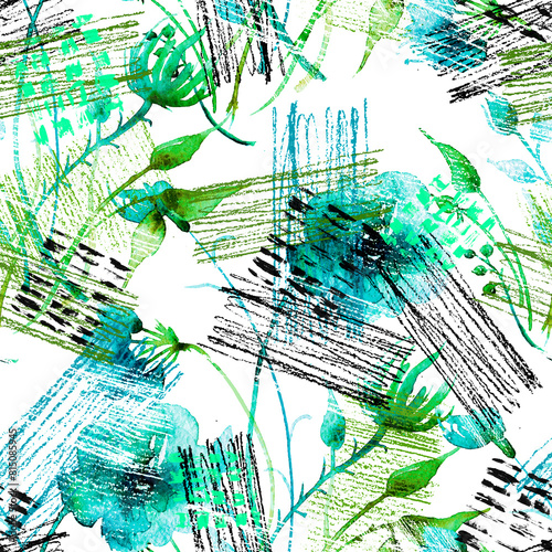 Watercolor seamless pattern, background with a floral pattern. aster, poppy, cornflower,pansies, viola, field or garden flowers. Wild plant, grass. Abstract spots, Stroke, strokes. Fashion background.