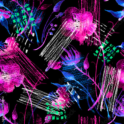 Watercolor seamless pattern, background with a floral pattern. aster, poppy, cornflower,pansies, viola, field or garden flowers. Wild plant, grass. Abstract spots, Stroke, strokes. Fashion background.