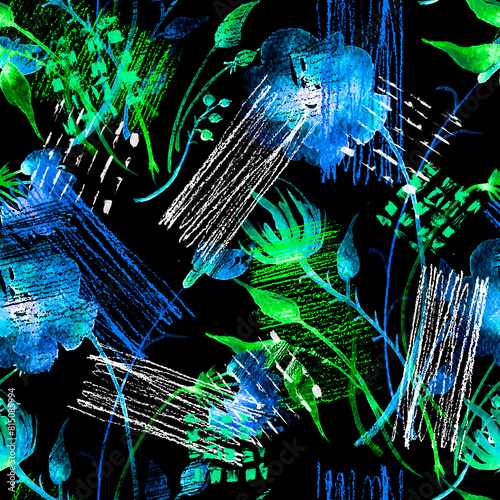 Watercolor seamless pattern, background with a floral pattern. aster, poppy, cornflower,pansies, viola, field or garden flowers. Wild plant, grass. Abstract spots, Stroke, strokes. Fashion background.