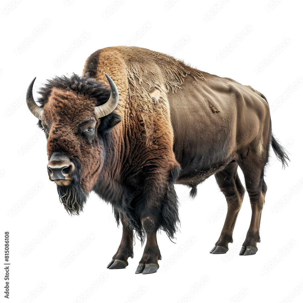 An American bison stands against a plain white backdrop, a american bison isolated on transparent background An American bison stands against a plain white backdrop, a american bison isolated on transparent background