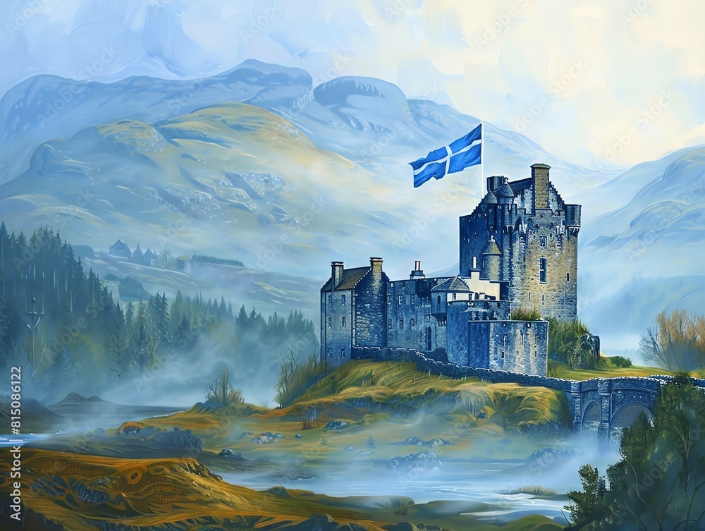A whimsical painting of a castle in Scotland with the Scottish flag in the misty highlands