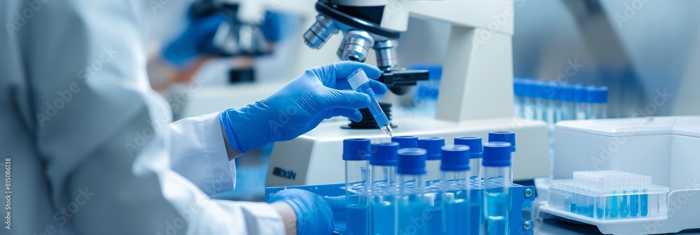 A focused scientist pipetting a blue liquid into test tubes in a laboratory setting, showcasing research and analysis A focused scientist pipetting a blue liquid into test tubes in a laboratory setting, showcasing research and analysis