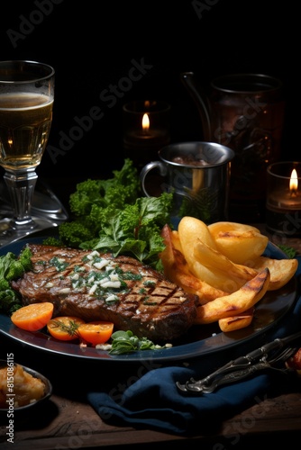 Elegant Steak Dinner Table Setting with Wine and Candles