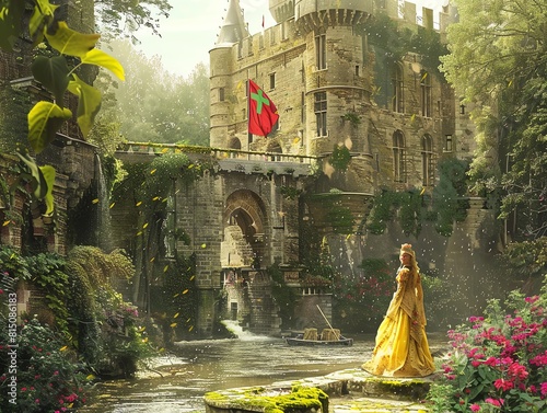 A whimsical depiction of a fairy tale princess in a Belgian castle with the Belgian flag in the enchanted garden photo