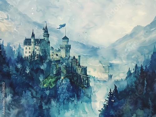 A whimsical painting of a castle in Scotland with the Scottish flag in the misty highlands photo