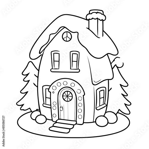 Simple vector illustration of christmashouse for kids colouring worksheet photo