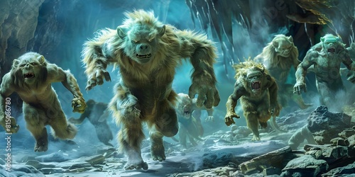 Various furry monsters running across rocky cave terrain. Concept Furry Monsters, Running, Rocky Terrain, Cave, Adventure photo