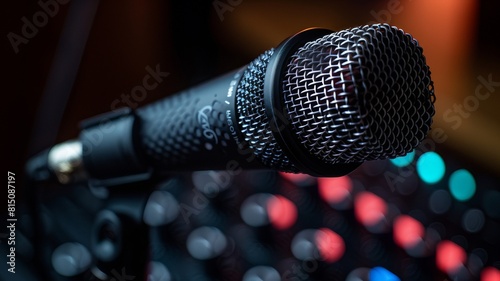 Microphone in a recording studio, podcast or radio on a black background.