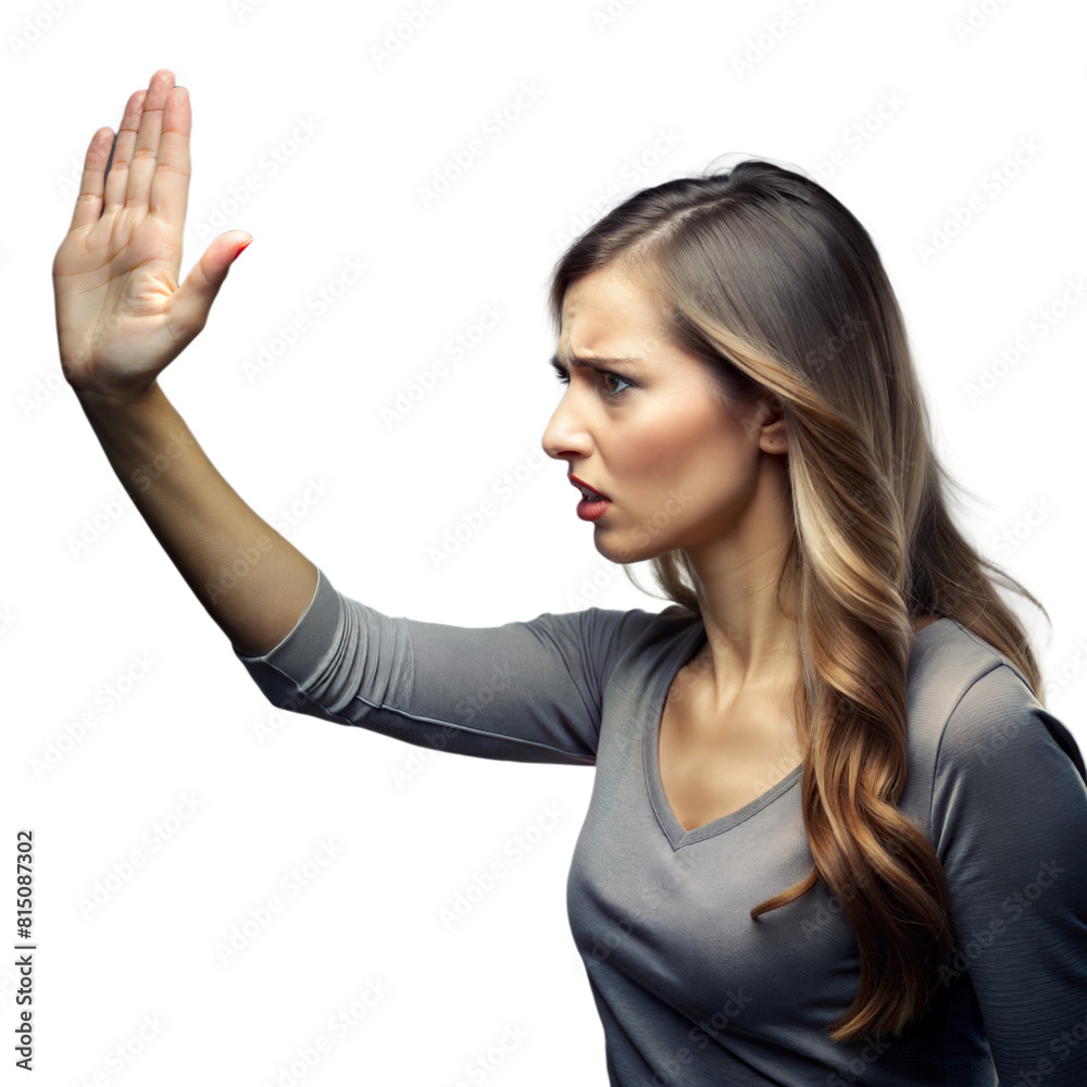 Young Woman Gesturing No With Her Hand, Expressing Refusal or Disapproval Young Woman Gesturing No With Her Hand, Expressing Refusal or Disapproval