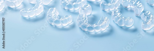 Transparent dental aligners arranged on a vibrant blue surface, implying orthodontic care and dental aesthetics photo