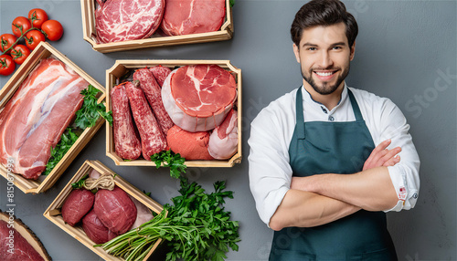 pieces of selected fresh meat are in the hands of the working staff. Fresh meat and vegetables Juicy steak with vegetables. Correct and balanced diet.   