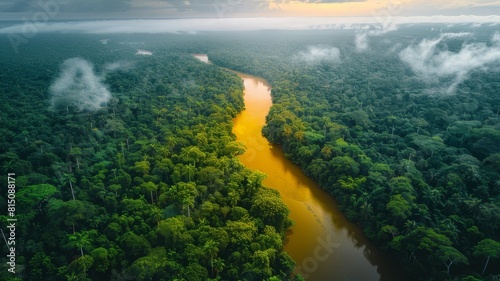 From above, there are magnificent views of lush green rainforest and a yellow river meandering through tropical biodiversity.