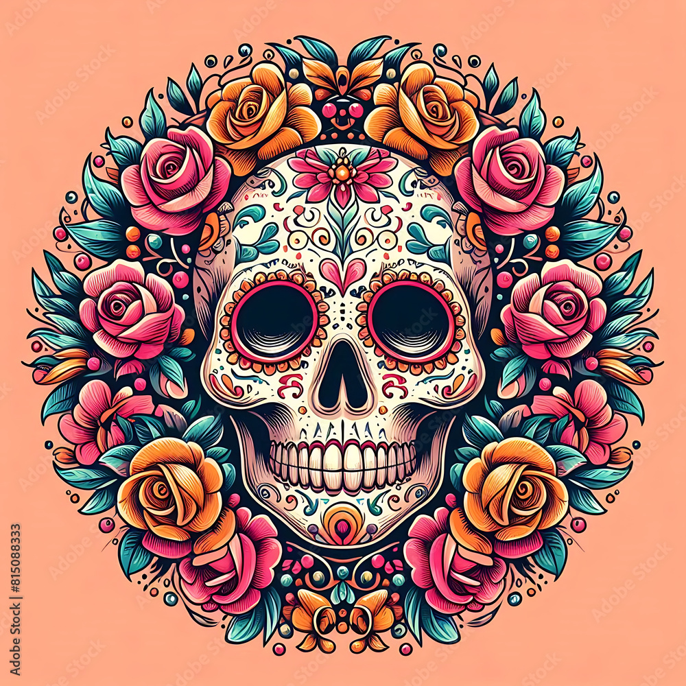 Round design with flower sugar skull