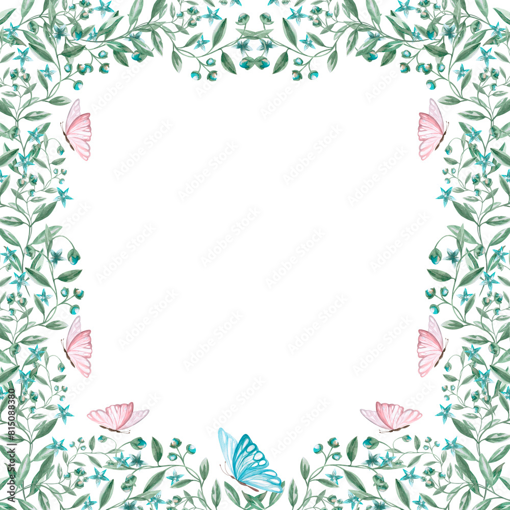Square frame of blue flowers and butterflies in watercolor illustration in pastel colors on a white background. Hand-drawn children's cards, invitations, decorations for children's parties. Square frame of blue flowers and butterflies in watercolor illustration in pastel colors on a white background. Hand-drawn children's cards, invitations, decorations for children's parties.