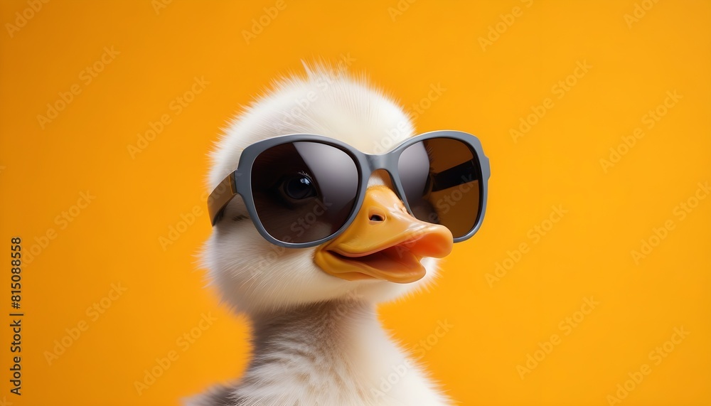 A fluffy duckling wearing large sunglasses against a bright background