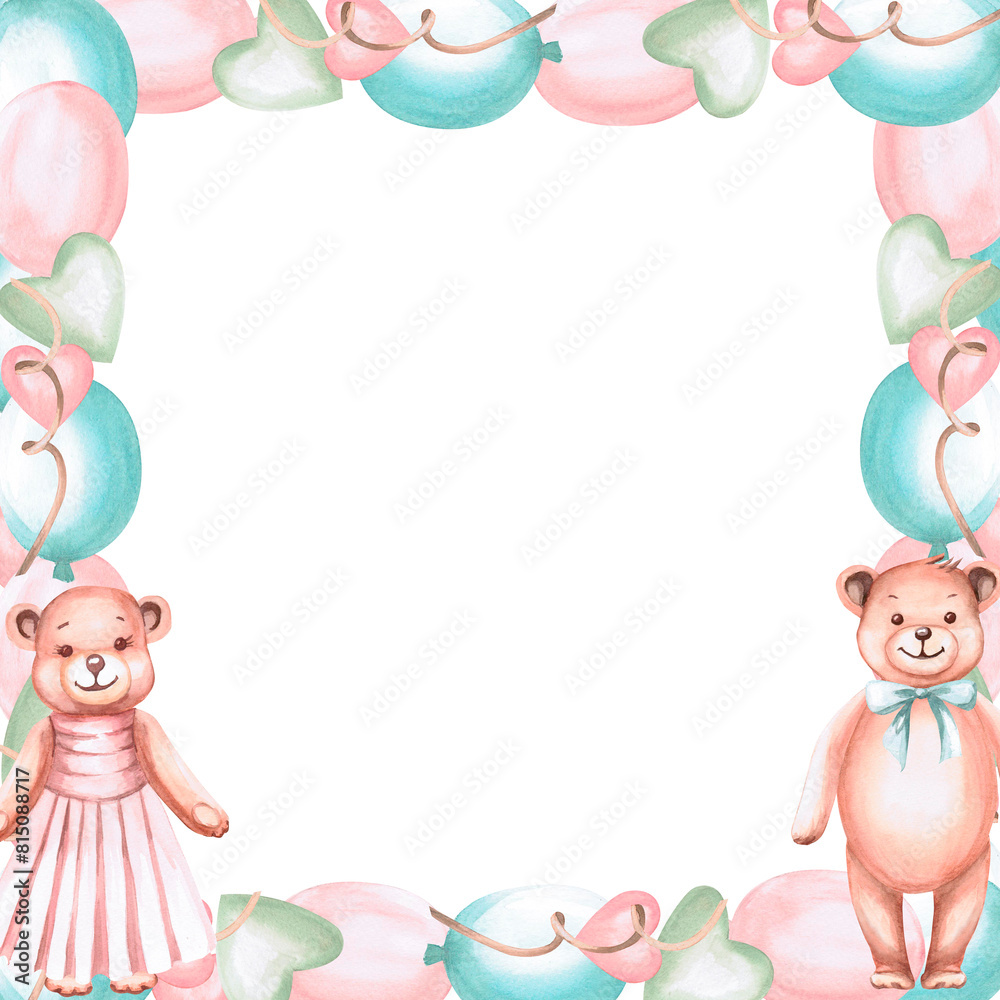 Square frame of balls, stars, bears in watercolor illustration in pastel colors on a white background. Hand drawn children's cards, invitations, decorations for children's parties. Square frame of balls, stars, bears in watercolor illustration in pastel colors on a white background. Hand drawn children's cards, invitations, decorations for children's parties.