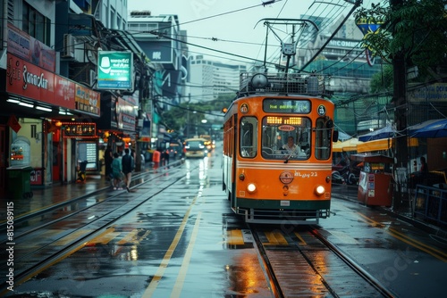 Rainy City Street Illuminated by Tram Lights