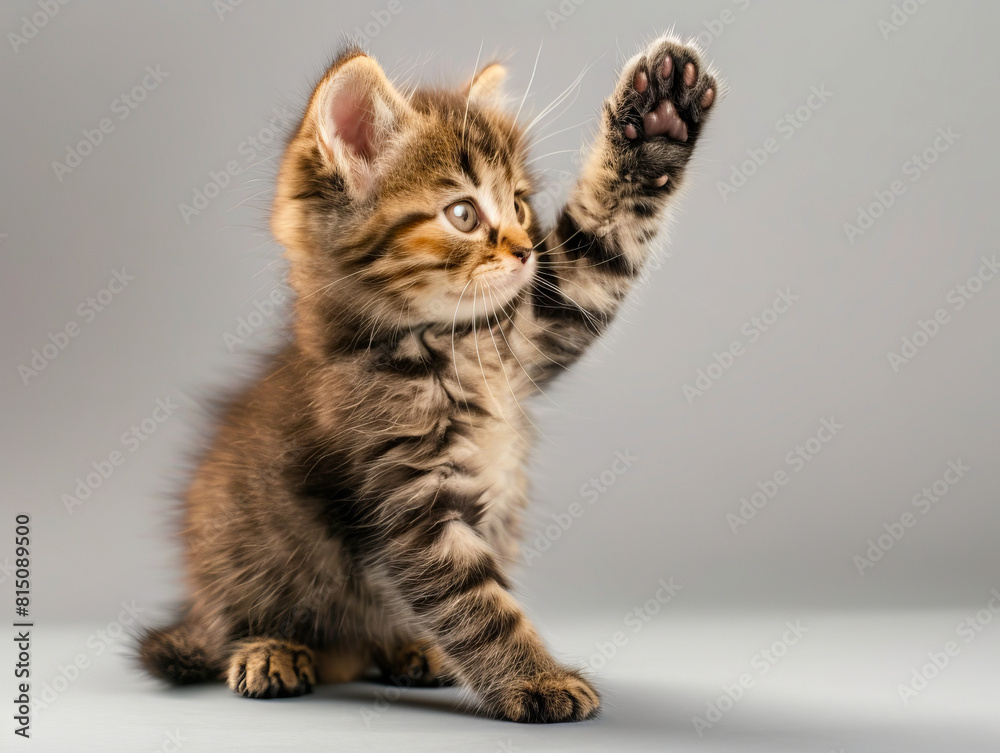 A kitten is standing up and waving its paw.