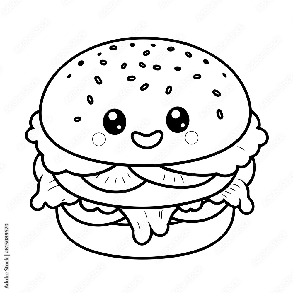 Vector illustration of a cute Burger drawing for toddlers colouring page