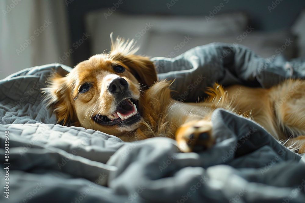 Obraz premium A dog laying on a bed with its mouth open.