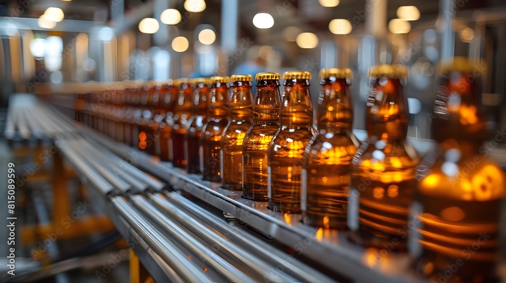Amber Bottles Traveling on Automated Brewery Packaging Line