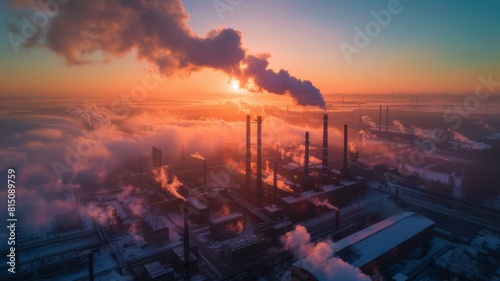 Metallurgical plant in dawn light. Dense plumes of smoke and smog hang over the factory buildings, creating a gloomy visual impression. Environmental problems and poor environmental situation. photo