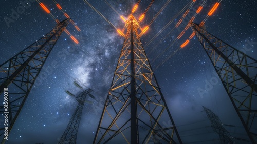 Power transmission towers rise high in the night sky, their orange glowing wires stretching like rays of light across the starry panorama. The concept of energy infrastructure is presented in a new li