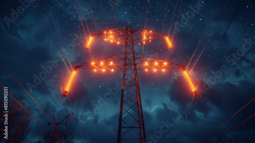 Power transmission towers rise high in the night sky, their orange glowing wires stretching like rays of light across the starry panorama. The concept of energy infrastructure is presented in a new li
