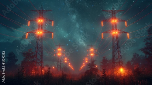 Power transmission towers rise high in the night sky, their orange glowing wires stretching like rays of light across the starry panorama. The concept of energy infrastructure is presented in a new li