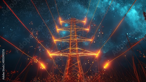 Power transmission towers rise high in the night sky, their orange glowing wires stretching like rays of light across the starry panorama. The concept of energy infrastructure is presented in a new li © Igbal