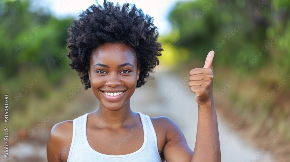 Athletic and healthy woman with a smile and thumb up, training and jogging outside, doing vitality and fitness exercise Athletic and healthy woman with a smile and thumb up, training and jogging outside, doing vitality and fitness exercise