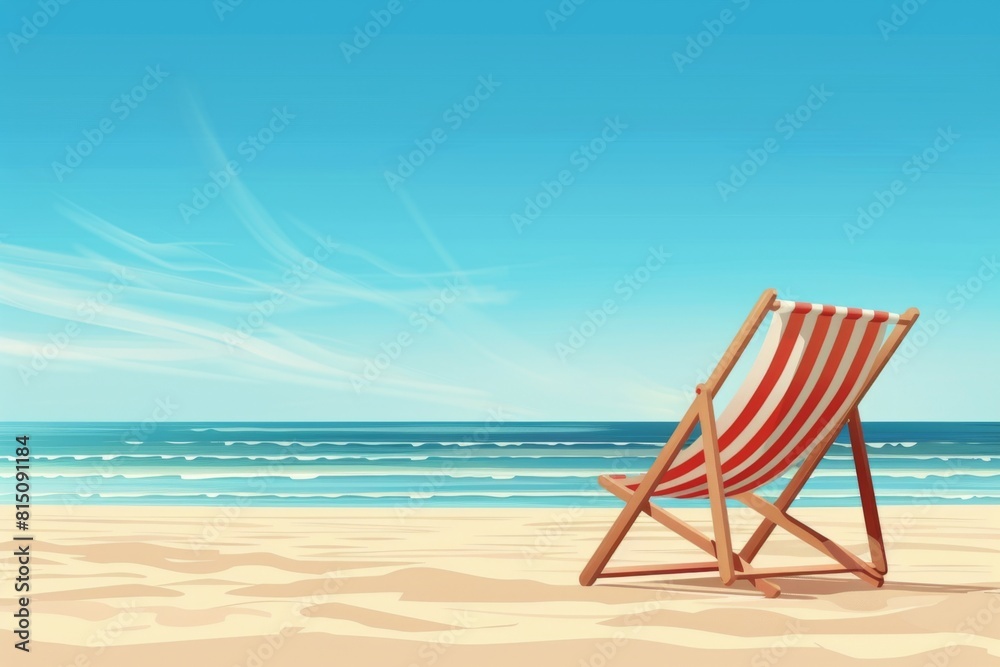 A picturesque sandy beach with a solitary beach chair overlooking the crystal blue ocean, inviting you to relax and enjoy a blissful summer vacation. A picturesque sandy beach with a solitary beach chair overlooking the crystal blue ocean, inviting you to relax and enjoy a blissful summer vacation.